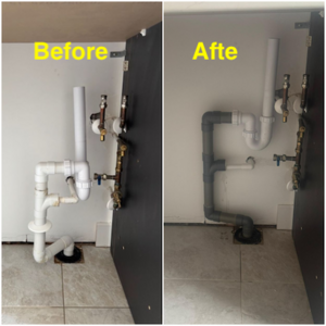 Before and after collage of drain pipe replacement, August 2025.