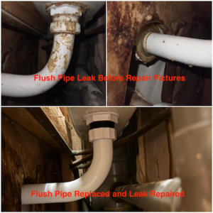 Before and after collage of a toilet flush pipe leak repair on High Street, August 2025