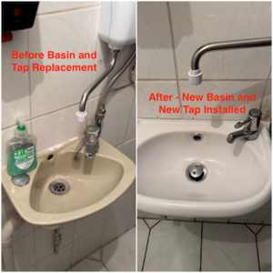 Before and after collage of new basin and tap installation near the town centre, completed 21st August 2025.