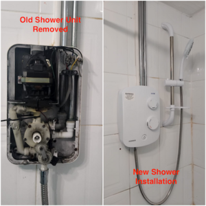 Before and after new shower installation on Avenue Road, Rushden completed by Normz Plumbing Ltd on 19/08/2025
