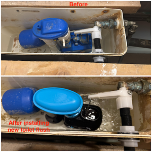 Before and after collage of new toilet flush installation on Northampton Road, completed 21st August 2025.