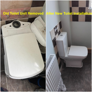 Before and after new toilet installation on Church Street, Rushden by Normz Plumbing Ltd – professional bathroom upgrade completed on 21/08/2025