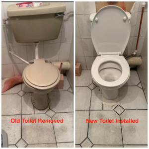 Before and after comparison of a new toilet installation on Doddington Road, August 2025.