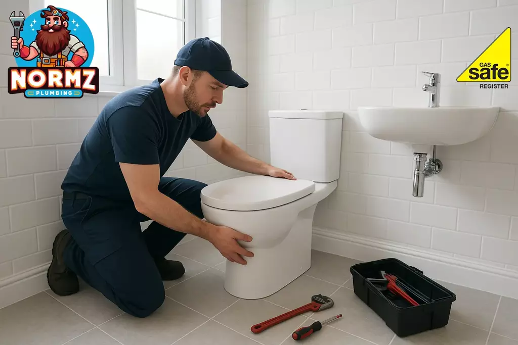 Plumber in Wellingborough installing modern toilet - Normz Plumbing