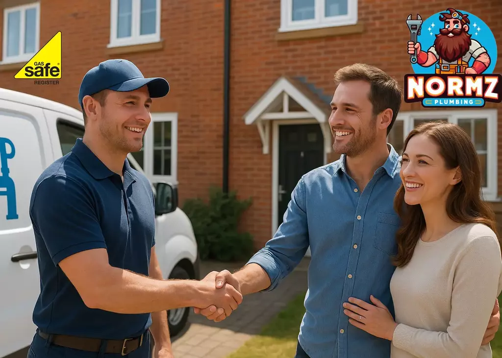 Plumber shaking hands with UK homeowner - Normz Plumbing
