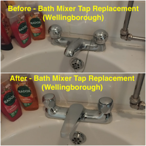 Before and after collage of bath mixer tap replacement in August 2025.
