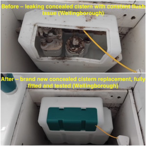 Concealed toilet cistern replacement before and after in Queensway estate, August 2025.