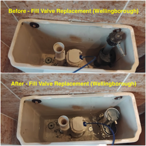 Before and after collage of toilet fill valve replacement on Harrowden Road, August 2025.