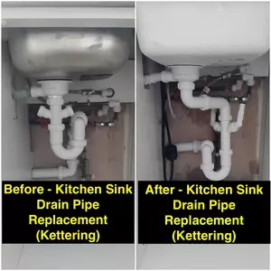 Before and after of kitchen sink drain pipe replacement in Pytchley