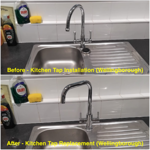 Before and after collage of kitchen tap installation, August 2025.