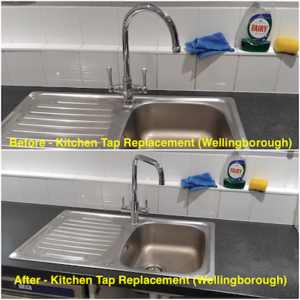 Before and after collage of kitchen tap replacement, August 2025.