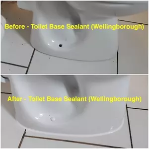 Before and after photos of toilet base sealant applied on London Road, August 2025.