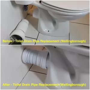 Before and after collage of toilet drain pipe replacement on Church Street, recently completed on 26th August 2025 by Normz Plumbing Ltd