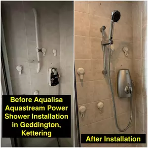 Before and after of Aqualisa thermostatic shower installation in Geddington
