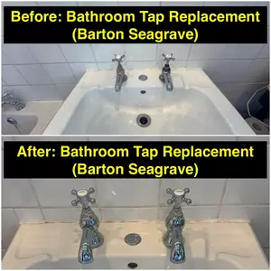 Before and after images of a hot and cold bathroom tap replacement in Barton Seagrave, completed on 27th September 2025 by Normz Plumbing Ltd.