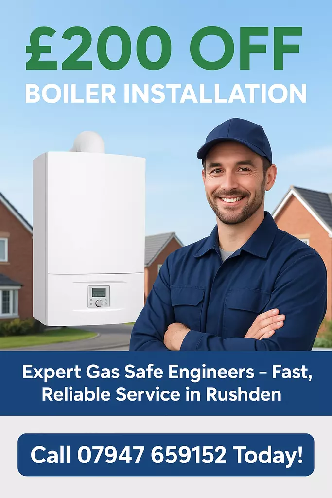 Vertical image showing a friendly plumber next to a modern boiler with bold text “£200 OFF Boiler Installation” and a call-to-action for Rushden homes.