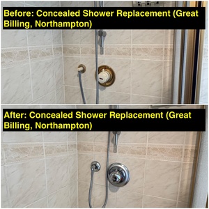 Before and after images of a concealed shower replacement in Great Billing, Northampton, completed on 26th September 2025 by Normz Plumbing Ltd.