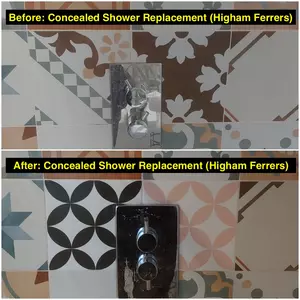 Before and after images of a concealed shower replacement in Higham Ferrers, completed on 23rd September 2025 by Normz Plumbing Ltd.