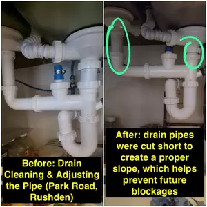 Before and after drain cleaning and pipe adjustment on Park Road, Rushden by Normz Plumbing Ltd – pipes cut to correct fall, completed on 01/09/2025
