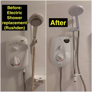 Before and after electric shower installation near Nene Valley – old Mira replaced with new Mira model by Normz Plumbing Ltd on 04/09/2025