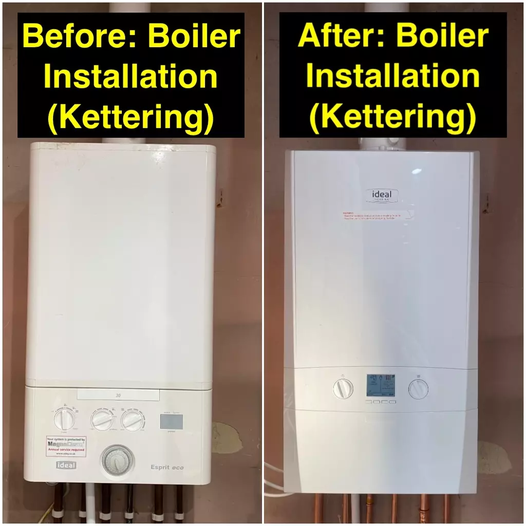 Before and after of emergency boiler replacement in Kettering, completed 28 September 2025 by Normz Plumbing Ltd