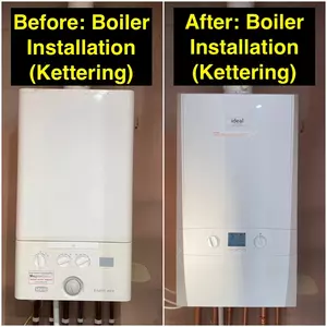 Before and after of emergency boiler replacement in Kettering, completed 28 September 2025 by Normz Plumbing Ltd