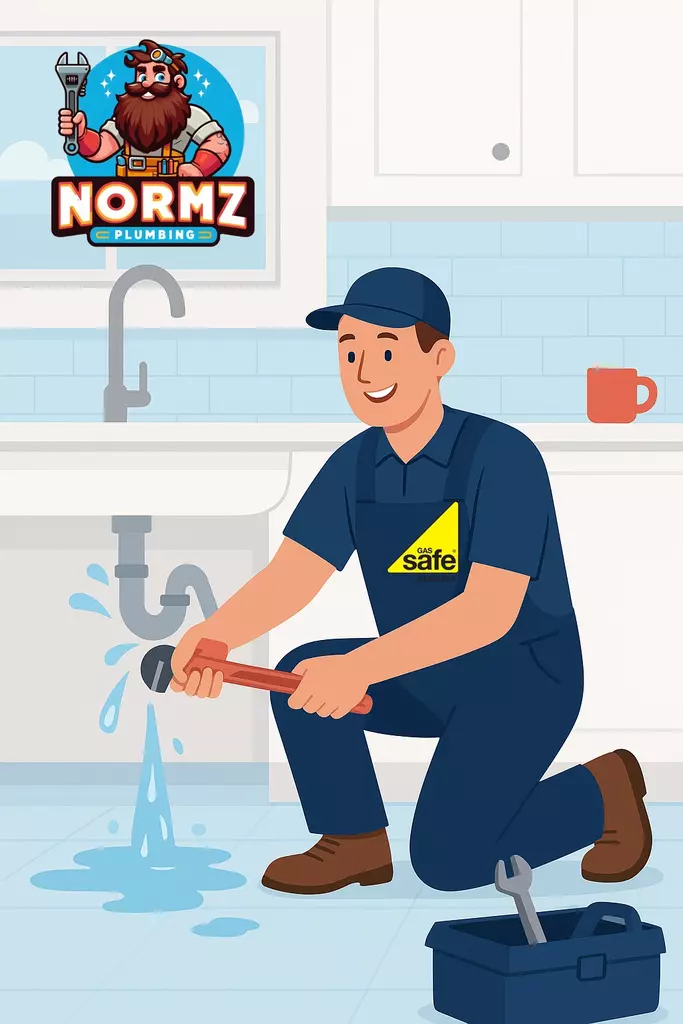 Gas Safe registered plumber repairing burst pipe in modern UK kitchen with toolbox and water leak