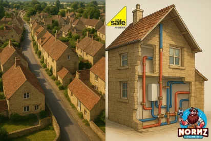 Drone view of Kettering homes with plumbing system cross-section illustration