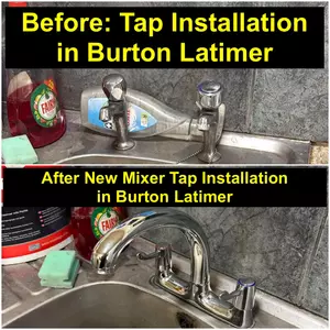 Before and after collage of kitchen mixer tap installation in Burton Latimer, completed 29 September 2025 by Normz Plumbing Ltd