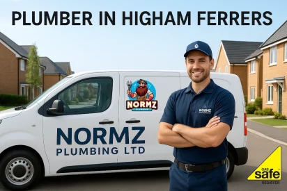 Local plumber from Normz Plumbing Ltd standing next to a branded service van on a residential street in Rushden, providing plumbing and heating services in Higham Ferrers