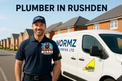 Local plumber in Rushden from Normz Plumbing Ltd standing next to a branded service van, Gas Safe registered and ready for emergency plumbing and heating services