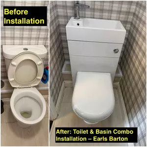 Before & after collage of toilet-and-basin combination installation in Earls Barton, recently completed on 19th September 2025 by Normz Plumbing Ltd
