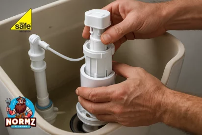 Plumber replacing a dual flush valve in a toilet cistern in Kettering