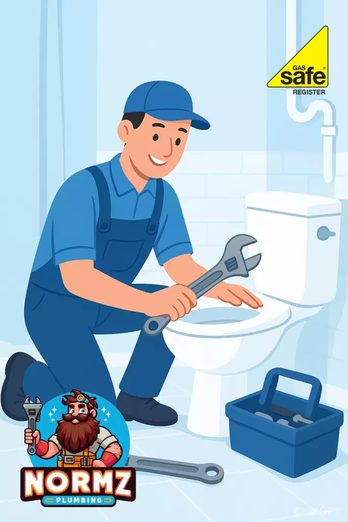 Professional plumber in uniform repairing a toilet with tools inside a modern bathroom in Northamptonshire