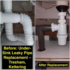 Before and after of under-sink pipe repair near Tresham