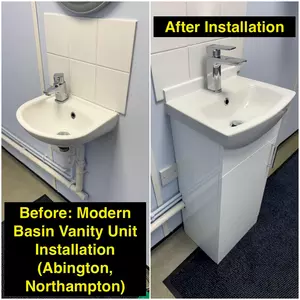 Before & after collage of toilet-and-basin combination installation in Earls Barton, recently completed on 19th September 2025 by Normz Plumbing Ltd