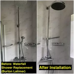Before & after collage of modern waterfall shower and handheld replacement in Burton Latimer, recently completed on 24th September 2025 by Normz Plumbing Ltd.