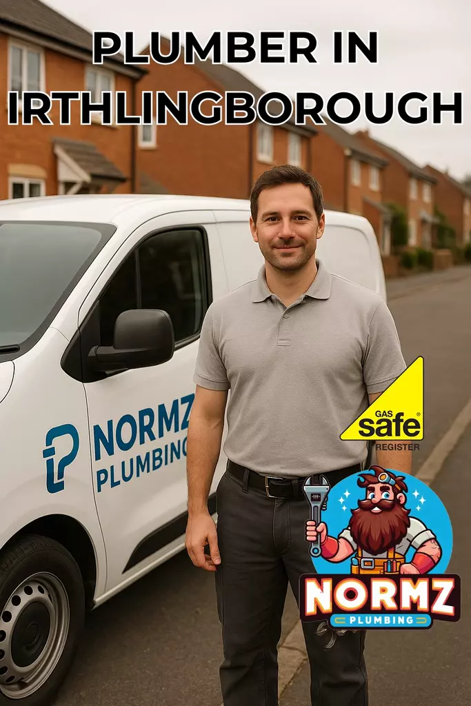 Friendly professional plumber from Normz Plumbing standing beside a branded white van on a residential street in Irthlingborough, Northamptonshire.
