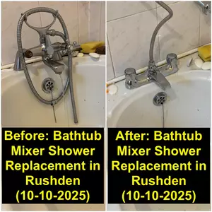 Before & after collage of bathtub mixer tap and shower replacement near Spencer Park, Rushden — old broken shower head removed and modern mixer with shower installed on 10/10/2025 by Normz Plumbing Ltd.