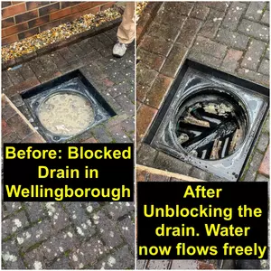 Before and after drain unblocking outside kitchen pathway at a Hatton Park home in Wellingborough (02/10/2025)