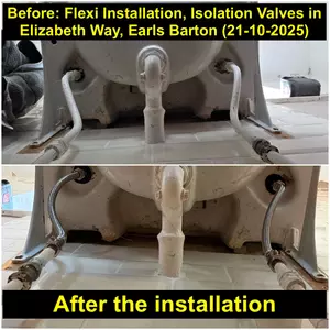 New flexi hose installation and isolation valves behind sink, Elizabeth Way Earls Barton (21 October 2025)