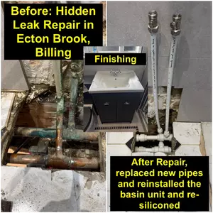 Before and after photo of hidden leak repair in Ecton Brook, Billing Northampton — old corroded copper pipe replaced with WRAS-approved PEX pipe by Normz Plumbing.