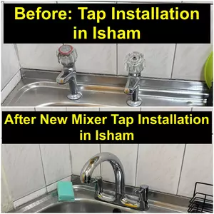 Before & after mixer tap installation in Isham, replacing dual taps with a modern mixer, completed 30 Sept 2025 by Normz Plumbing Ltd