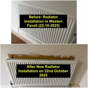 New double panel radiator and thermostatic valve installed on Wellingborough Road, Weston Favell (22 Oct 2025)