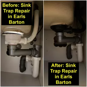 Before and after collage of sink trap replacement in Earls Barton — completed 1st October 2025 by Normz Plumbing & Heating Services