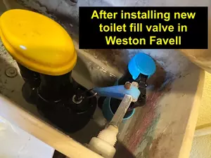 After image of toilet fill valve replacement on Abington Park Road, Weston Favell. Faulty valve replaced and fully functional cistern visible after repair, completed on 2nd October 2025.