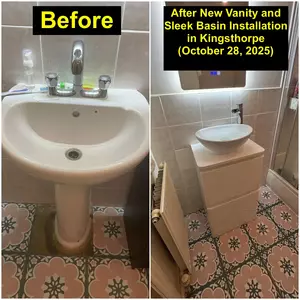 Modern vanity and ceramic oval over-counter wash basin installed on Kingsthorpe (28 Oct 2025) by Normz Plumbing & Heating Services.
