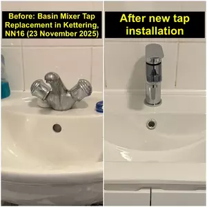Modern shiny basin mixer tap installed in Kettering (NN16) by Normz Plumbing on 23-11-2025.