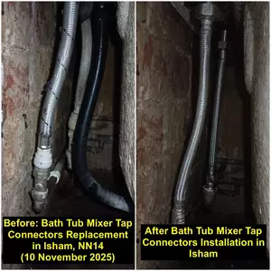 Replacement of bath tub mixer tap connectors near Church Street / South Street, Isham (NN14 1HP) completed 10 November 2025 by Normz Plumbing & Heating Services.