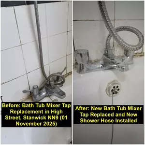 Modern chrome bath tub mixer tap installation on High Street, Stanwick (NN9) completed on 01-11-2025 by Normz Plumbing & Heating Services.